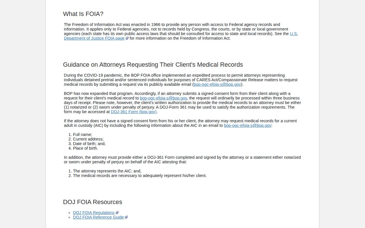 Federal Bureau of Prisons release record FOIA route for a Loudon County case